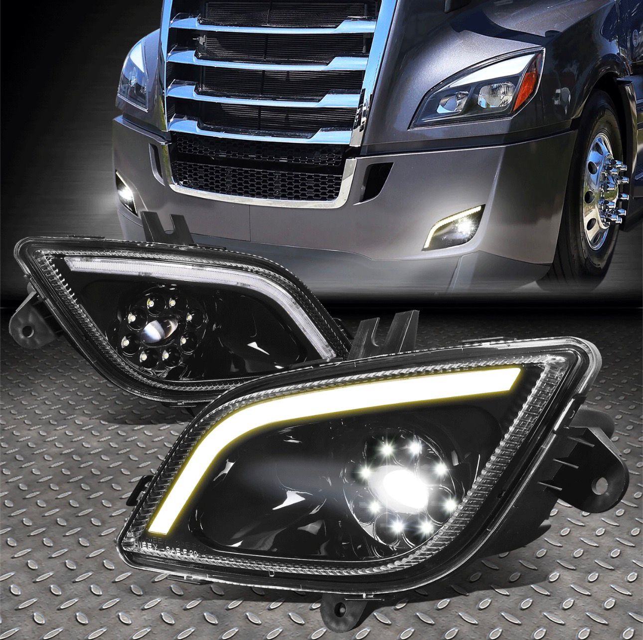 FAROS AUXILIARES PARA FREIGHTLINER CASCADIA 18-24 3D-DRL / LED COMPLETO / ANTINIEBLA NEGRO